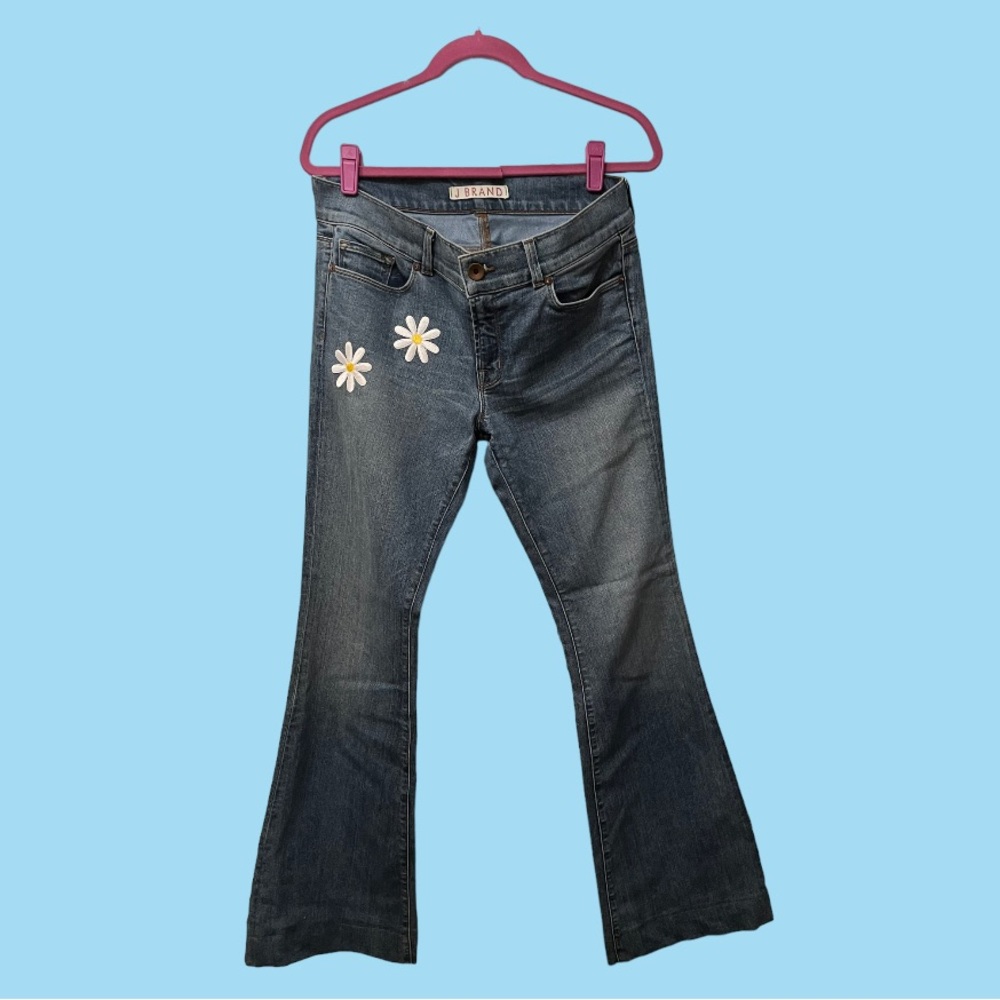 J Brand flare jeans with Daisy patches. GROOVY